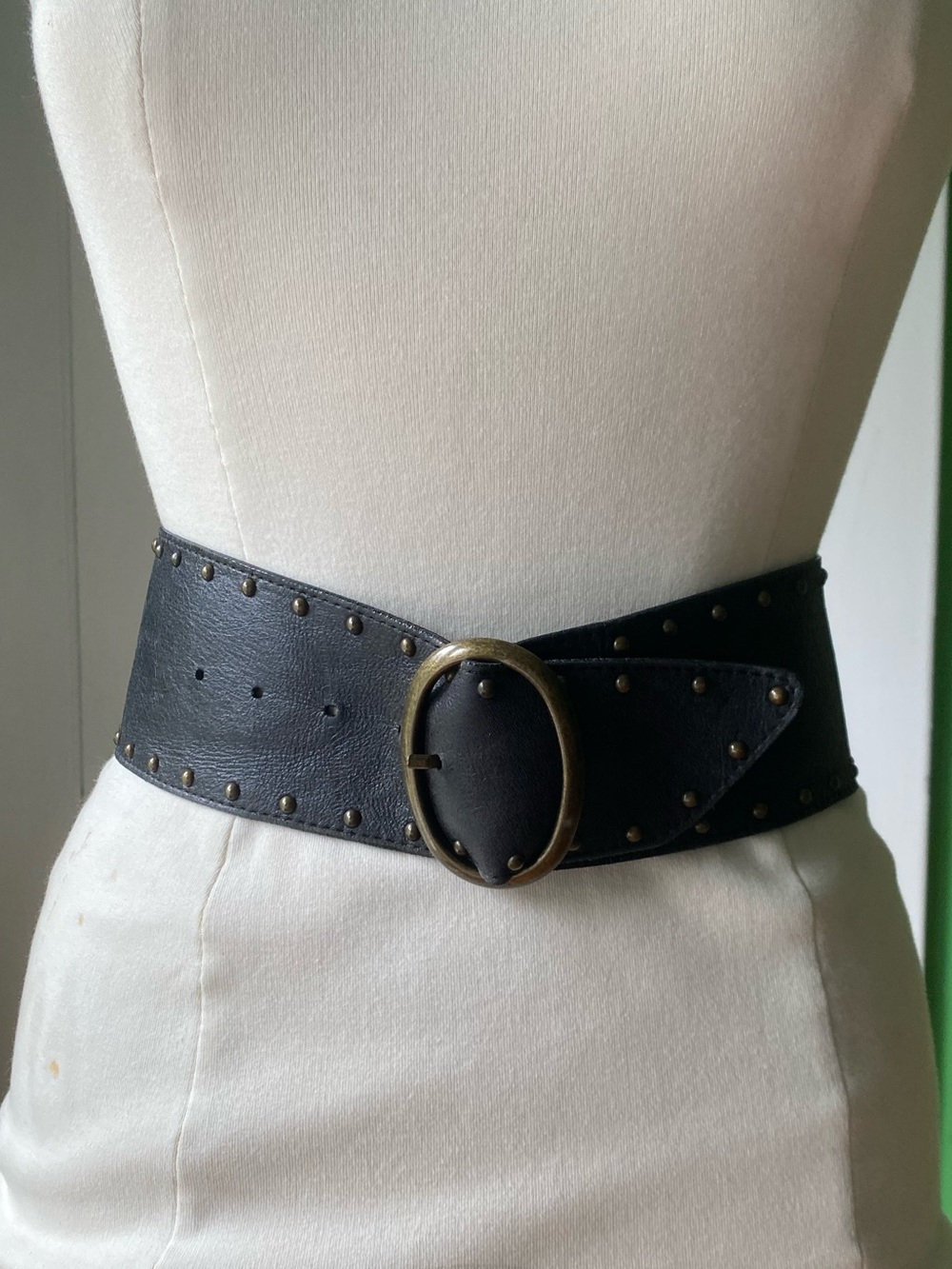 Hyde Collection Wide Black Studded Waist Belt with Oval Brass Buckle